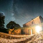 Ferienhaus fotografiert in der Nacht mit Milchstraße und Sternenhimmel