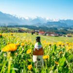 Produktfoto Bier einer Privatbrauerei im Frühling mit Löwenzahn und den Allgäuer Alpen im Hintergrund