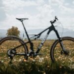 Produktfoto eines Mountainbikes mit Blumen und Allgäuer Bergen im Hintergrund